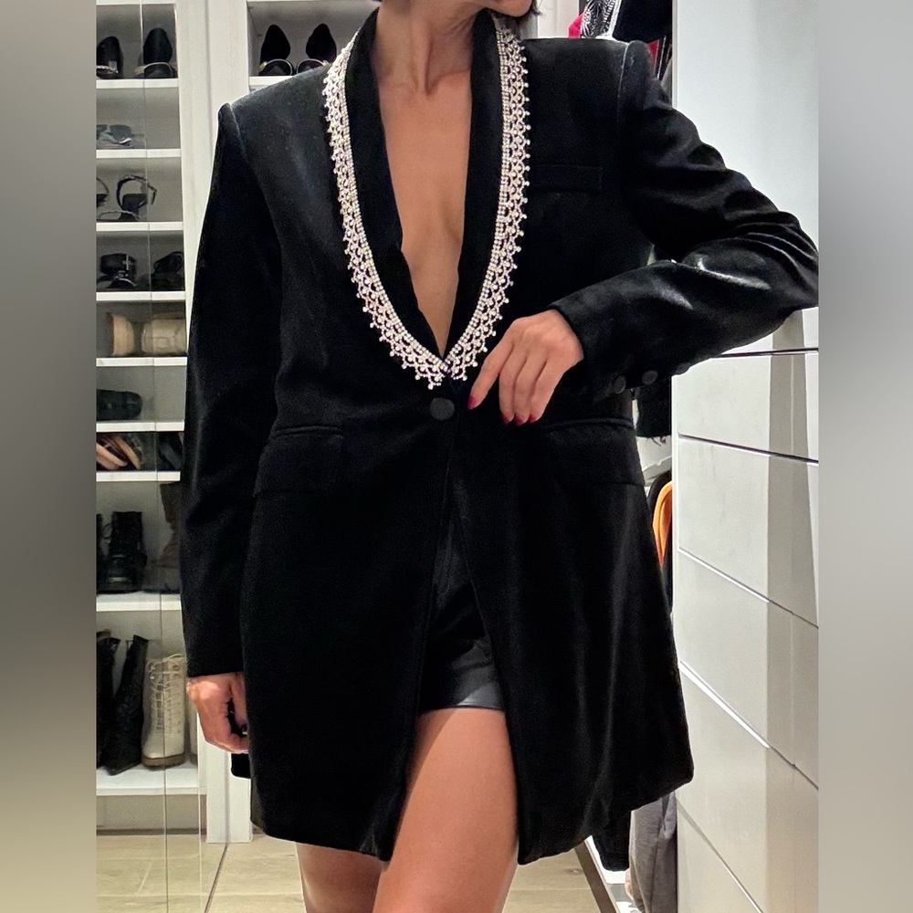 Sexy Black Velvet Jacket with Rhinestone Details